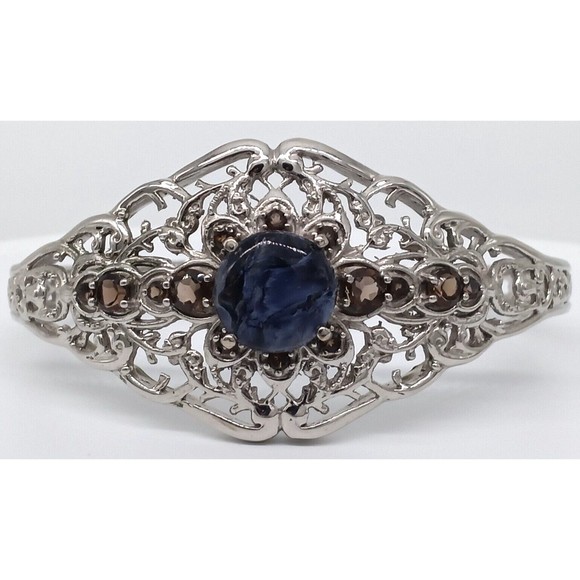 Karis Blue Stone Smoky Quartz Gemstone Cuff Bracelet Silver Tone G&B Ornate - Picture 1 of 13